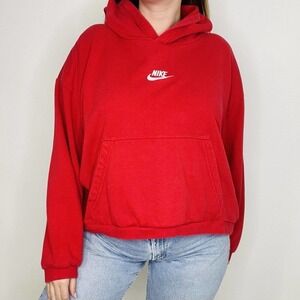 Vintage Y2K Red Nike Center Logo Swoosh Hoodie Sweatshirt Cropped XL Womens